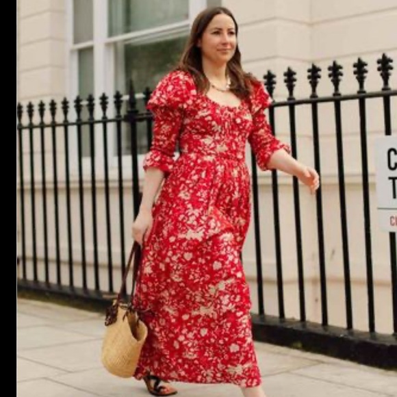 DÔEN Meribel Shirred Floral-Print Cotton-Poplin Midi Dress size Small - Picture 6 of 6